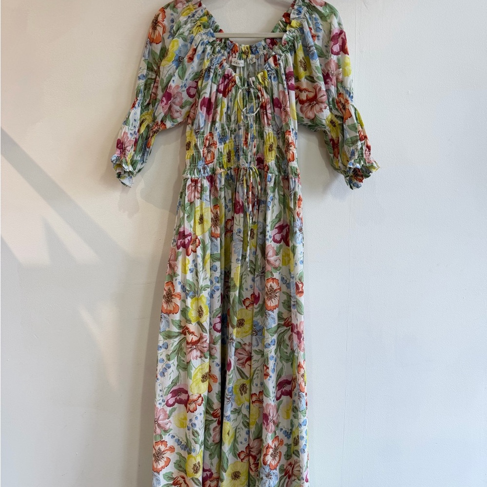 Doen ‘ischia’ Floral Midi Dress in Cream with Pink, Yellow & Green